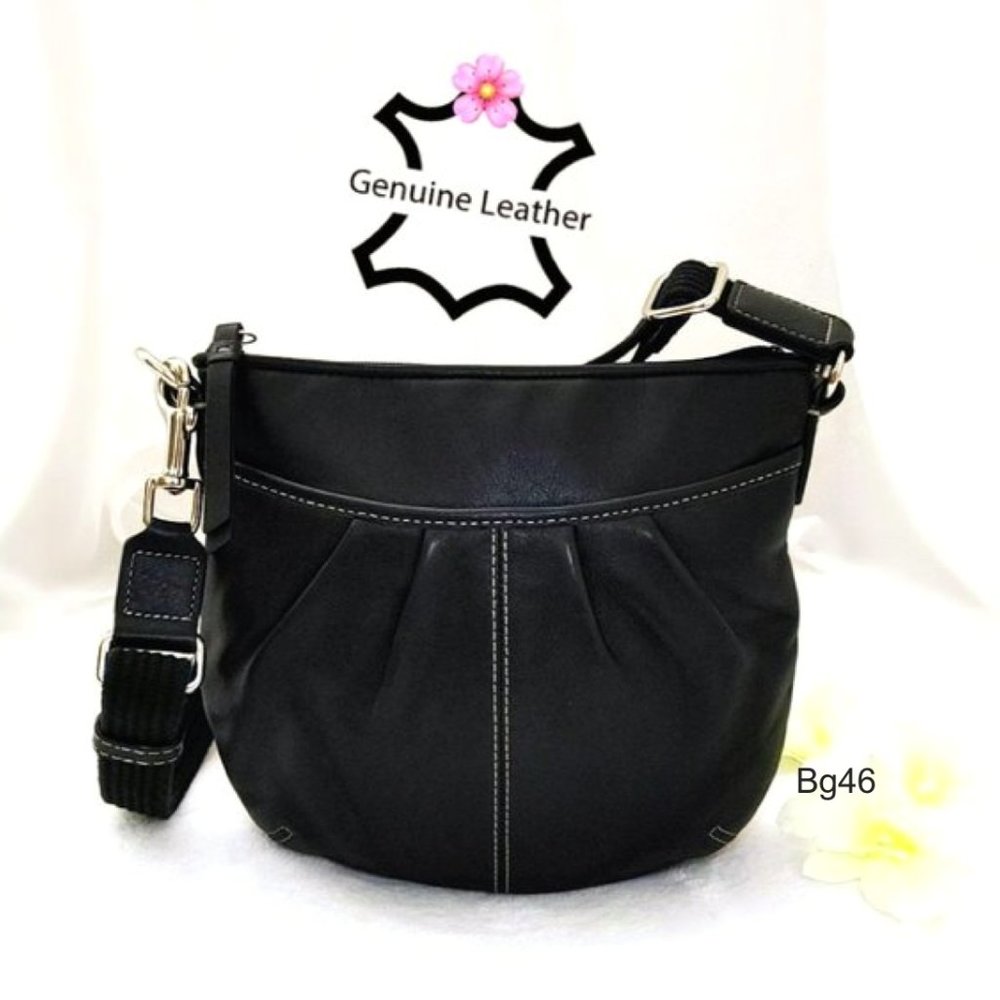 Genuine Leather Black Small Purse Shoulder Crossbody Bag Pleated White Stitched